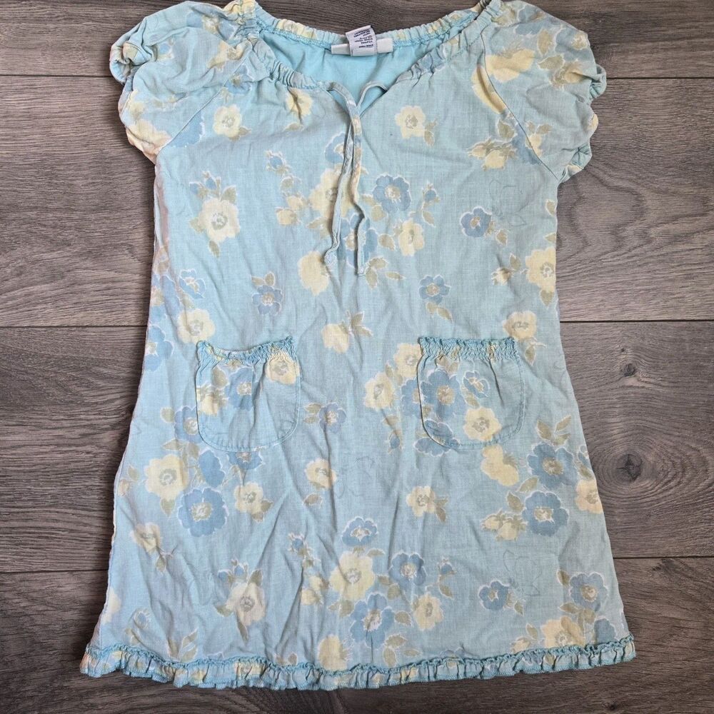 Vintage OshKosh B'gosh 4 4T Blue Floral Linen Cottagecore Peasant Ruffle Dress